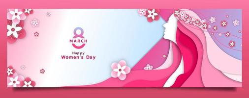 Paper art Style International women's day illustration banner with flower ornament vector