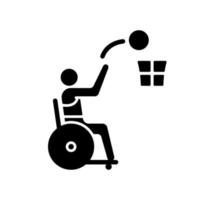 Wheelchair basketball black glyph icon. Competitive ball sport. Adaptive basketball game. Wheelchair sportsman. Disabled athletes. Silhouette symbol on white space. Vector isolated illustration