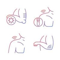 Shoulder and elbow pain gradient linear vector icons set. Autoimmune condition. Rheumatism blood test. Septic arthritis. Thin line contour symbols bundle. Isolated outline illustrations collection