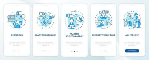 Happiness mindset strategies blue onboarding mobile app page screen. Goal setting walkthrough 5 steps graphic instructions with concepts. UI, UX, GUI vector template with linear color illustrations