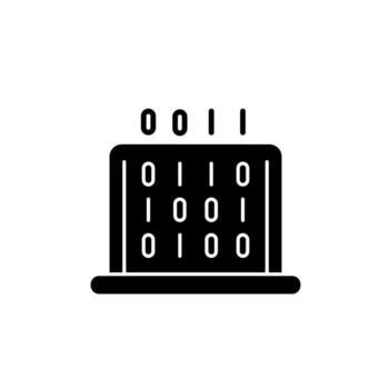 IT black glyph icon. Coding classes in schools, universities. Computer knowledge, skills. Computer hardware, operating systems studying. Silhouette symbol on white space. Vector isolated illustration