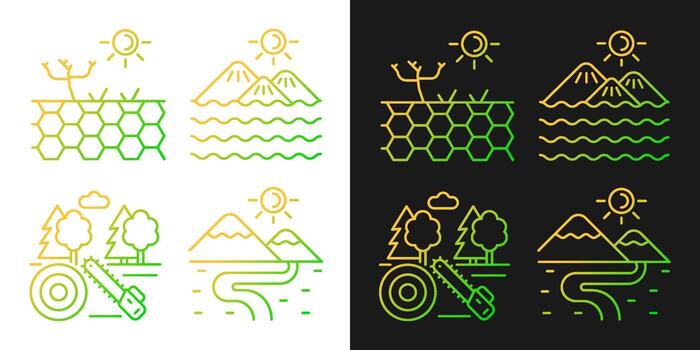 Diverse landforms gradient icons set for dark and light mode. Working ground. Forest cutting. Thin line contour symbols bundle. Isolated vector outline illustrations collection on black and white
