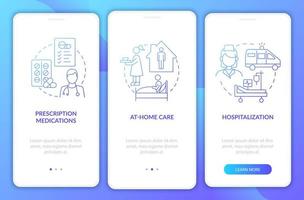 gestión de la pantalla de la página de la aplicación móvil de incorporación de neumonía. Instrucciones gráficas de 3 pasos para medicamentos y hospitalización con conceptos. ui, ux, plantilla vectorial gui con ilustraciones en color lineal vector