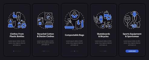 Upcycled products onboarding mobile app page screen. Waste recycling trends walkthrough 5 steps graphic instructions with concepts. UI, UX, GUI vector template with linear night mode illustrations