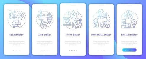 Types of renewable sources onboarding mobile app page screen. Power walkthrough 5 steps graphic instructions with linear concepts. UI, UX, GUI template. Myriad Pro-Bold, Regular fonts used vector