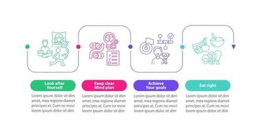 Well balanced life tips square infographic template. Healthy life. Data visualization with 4 steps. Process timeline info chart. Workflow layout with line icons. Myriad Pro-Bold, Regular fonts used vector