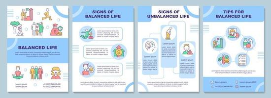 Balanced and unbalanced life blue brochure template. Life tips. Booklet print design with linear icons. Vector layouts for presentation, annual reports, ads. Arial-Black, Myriad Pro-Regular fonts used