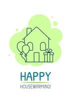 Happy housewarming party postcard with linear glyph icon. Greeting card with decorative vector design. Simple style poster with creative lineart illustration. Flyer with holiday wish
