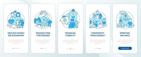 Signs of balanced life blue onboarding mobile app screen. Positivity walkthrough 5 steps graphic instructions pages with linear concepts. UI, UX, GUI template. Myriad Pro-Bold, Regular fonts used vector
