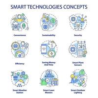 Smart technologies concept icons set. Iot devices idea thin line color illustrations. Saving money and time. Convenience. Isolated symbols. Editable stroke. Roboto-Medium, Myriad Pro-Bold fonts used vector