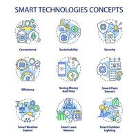 conjunto de iconos de concepto de tecnologías inteligentes. iot devices idea ilustraciones en color de línea delgada. ahorrando dinero y tiempo. conveniencia. símbolos aislados. trazo editable. roboto-medium, innumerables fuentes pro-bold utilizadas vector