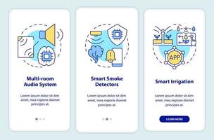 tecnologías inteligentes en el hogar incorporando la pantalla de la aplicación móvil. Tutorial del sistema de audio Páginas de instrucciones gráficas de 3 pasos con conceptos lineales. interfaz de usuario, ux, plantilla de interfaz gráfica de usuario. innumerables fuentes pro-negrita y regulares utilizadas vector