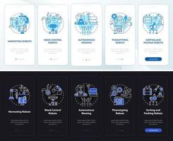 Robotic solutions night and day mode onboarding mobile app screen. Walkthrough 5 steps graphic instructions pages with linear concepts. UI, UX, GUI template. Myriad Pro-Bold, Regular fonts used vector