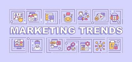 Marketing trends word concepts purple banner. Advertise campaign innovation. Infographics with icons on color background. Isolated typography. Vector illustration with text. Arial-Black font used