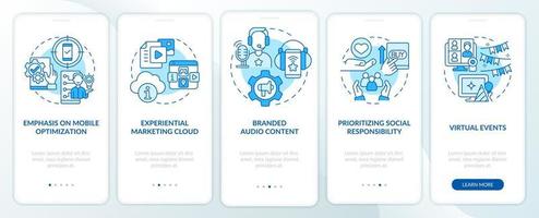 ejemplos de tendencias de marketing pantalla de aplicación móvil de incorporación azul. tutorial de innovación 5 pasos páginas de instrucciones gráficas con conceptos lineales. interfaz de usuario, ux, plantilla de interfaz gráfica de usuario. innumerables fuentes pro-negrita y regulares utilizadas vector