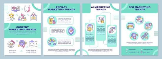 Current marketing trends green brochure template. Promoting business. Leaflet design with linear icons. 4 vector layouts for presentation, annual reports. Arial-Black, Myriad Pro-Regular fonts used