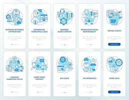 Marketing trends blue onboarding mobile app screen set. Business walkthrough 5 steps graphic instructions pages with linear concepts. UI, UX, GUI template. Myriad Pro-Bold, Regular fonts used vector