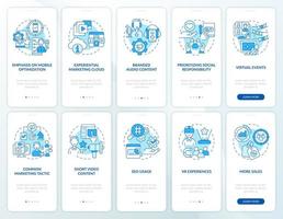 conjunto de pantalla de aplicación móvil de incorporación azul de tendencias de marketing. tutorial de negocios 5 pasos páginas de instrucciones gráficas con conceptos lineales. interfaz de usuario, ux, plantilla de interfaz gráfica de usuario. innumerables fuentes pro-negrita y regulares utilizadas vector