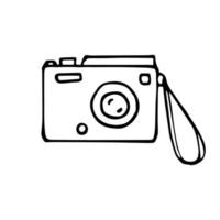 Photo camera vector icon in doodle style. Illustration isolated on white background. Hand drawn logo for photography studio