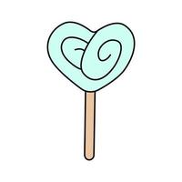 Heart shaped lollipop in doodle style. Blue bonbon for valentine's day. Vector illustration isolated on white background