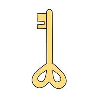 Golden key in cartoon style with a heart-shaped element. Vector illustration isolated on a white background. Symbol of access, solution, password