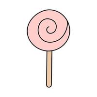 Pink lollipop in doodle style. Cartoon bonbon for valentine's day. Vector illustration isolated on white background