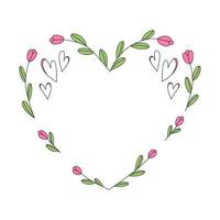 Valentine heart-shaped frame with flowers in cartoon style. Vector illustration isolated on white background. Love symbol for wedding, greeting card, poster, banner or print template