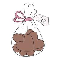 galletas de chocolate en forma de corazón en paquete con cinta rosa. dulces en estilo de dibujos animados. ilustración vectorial aislado sobre fondo blanco vector