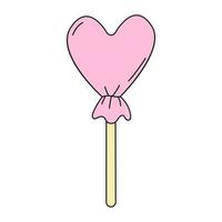 Heart-shaped lollipop in a pink wrapper. Symbol of bonbon for Valentine's Day. Vector illustration in doodle style isolated on white background