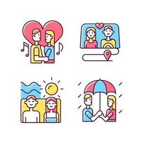 Couple quality time RGB color icons set. Spending free time together as family. Romantic dates ideas. Weekend with partner tips. Isolated vector illustrations. Simple filled line drawings collection