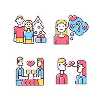 Couple in love RGB color icons set. Love at first sight. Spending holidays together. Doubting stage of relationship. Isolated vector illustrations. Simple filled line drawings collection