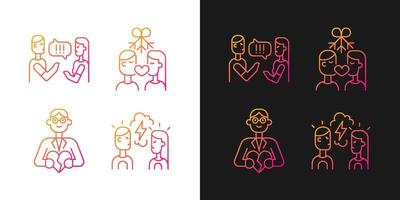 Fighting in relationship gradient icons set for dark and light mode. Family and couple consultant. Thin line contour symbols bundle. Isolated vector outline illustrations collection on black and white