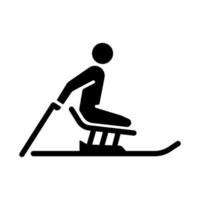 Alpine skiing black glyph icon. Winter season activity. Professional extreme sports. Athletes slide using mono skis. Disabled sportsman. Silhouette symbol on white space. Vector isolated illustration