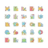 School subjects RGB color icons set. Humanities and applied sciences. Social science learning in schools. Physical education. Isolated vector illustrations. Simple filled line drawings collection