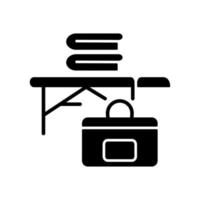 Portable massage table black glyph icon. Folding professional massage bed. Adjustable table for therapy. Masseur. Beauty treatment. Silhouette symbol on white space. Vector isolated illustration