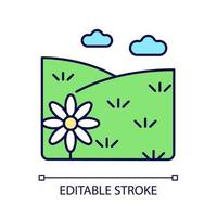 Meadow RGB color icon. Grass covered open land. Field with flowers. Grassland and pastureland. Herb vegetated plain terrain. Isolated vector illustration. Simple filled line drawing. Editable stroke