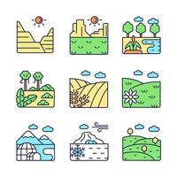 Biomes and landforms RGB color icons set. Dry and moist climate zones. Northern and southern regions. Isolated vector illustrations. Simple filled line drawings collection. Editable stroke