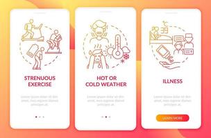 Increased fluid consumption red gradient onboarding mobile app page screen. Walkthrough 3 steps graphic instructions with concepts. UI, UX, GUI vector template with linear color illustrations