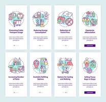 Solutions to air pollution onboarding mobile app page screen set. Achieve clean air walkthrough 4 steps graphic instructions with concepts. UI, UX, GUI vector template with linear color illustrations