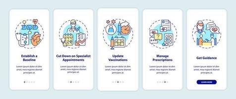 Reasons to visit doctor annually onboarding mobile app page screen. Healthcare walkthrough 5 steps graphic instructions with concepts. UI, UX, GUI vector template with linear color illustrations