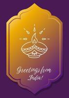 Hello from India postcard with linear glyph icon. Indian travel card. Greeting card with decorative vector design. Simple style poster with creative lineart illustration. Flyer with holiday wish