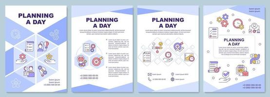 Planning day purple brochure template. Life balance. Booklet print design with linear icons. Vector layouts for presentation, annual reports, ads. Arial-Black, Myriad Pro-Regular fonts used