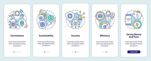 ventajas de las tecnologías inteligentes al incorporar la pantalla de la aplicación móvil. tutorial de eficiencia 5 pasos páginas de instrucciones gráficas con conceptos lineales. interfaz de usuario, ux, plantilla de interfaz gráfica de usuario. innumerables fuentes pro-negrita y regulares utilizadas vector