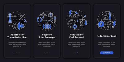 Applications of smart grid night mode onboarding mobile app screen. Power walkthrough 4 steps graphic instructions pages with linear concepts. UI, UX, GUI template. Myriad Pro-Bold, Regular fonts used vector