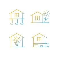 Residential building gradient linear vector icons set. Pile foundation. Thermal insulation. Electricity supply to home. Thin line contour symbols bundle. Isolated outline illustrations collection