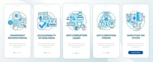 Fighting corruption onboarding blue mobile app page screen. Accountability and trust walkthrough 5 steps graphic instructions with concepts. UI, UX, GUI vector template with linear color illustrations