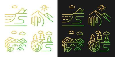 Natural landforms gradient icons set for dark and light mode. Hot desert. Boreal forest. Thin line contour symbols bundle. Isolated vector outline illustrations collection on black and white