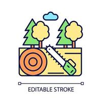 Working forest RGB color icon. Lumber industry. Cutting trees industrial area. Timber material production. Forestry business. Isolated vector illustration. Simple filled line drawing. Editable stroke