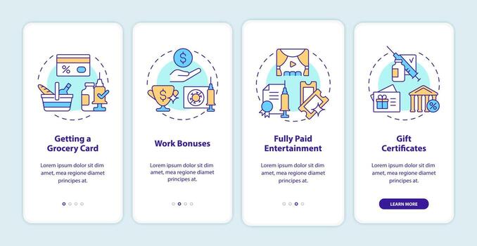 Vaccination bonuses onboarding mobile app page screen. Getting grocery card walkthrough 4 steps graphic instructions with concepts. UI, UX, GUI vector template with linear color illustrations