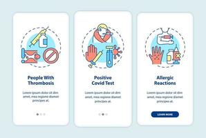 Contraindications to vaccines onboarding mobile app page screen. Positive covid test walkthrough 3 steps graphic instructions with concepts. UI, UX, GUI vector template with linear color illustrations